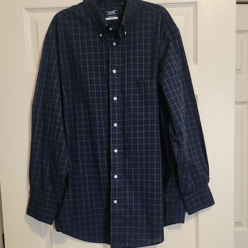 Izod Navy & Green Plaid Button-Down Shirt, Tall Fit, All-Over Stretch, 18, 35/36